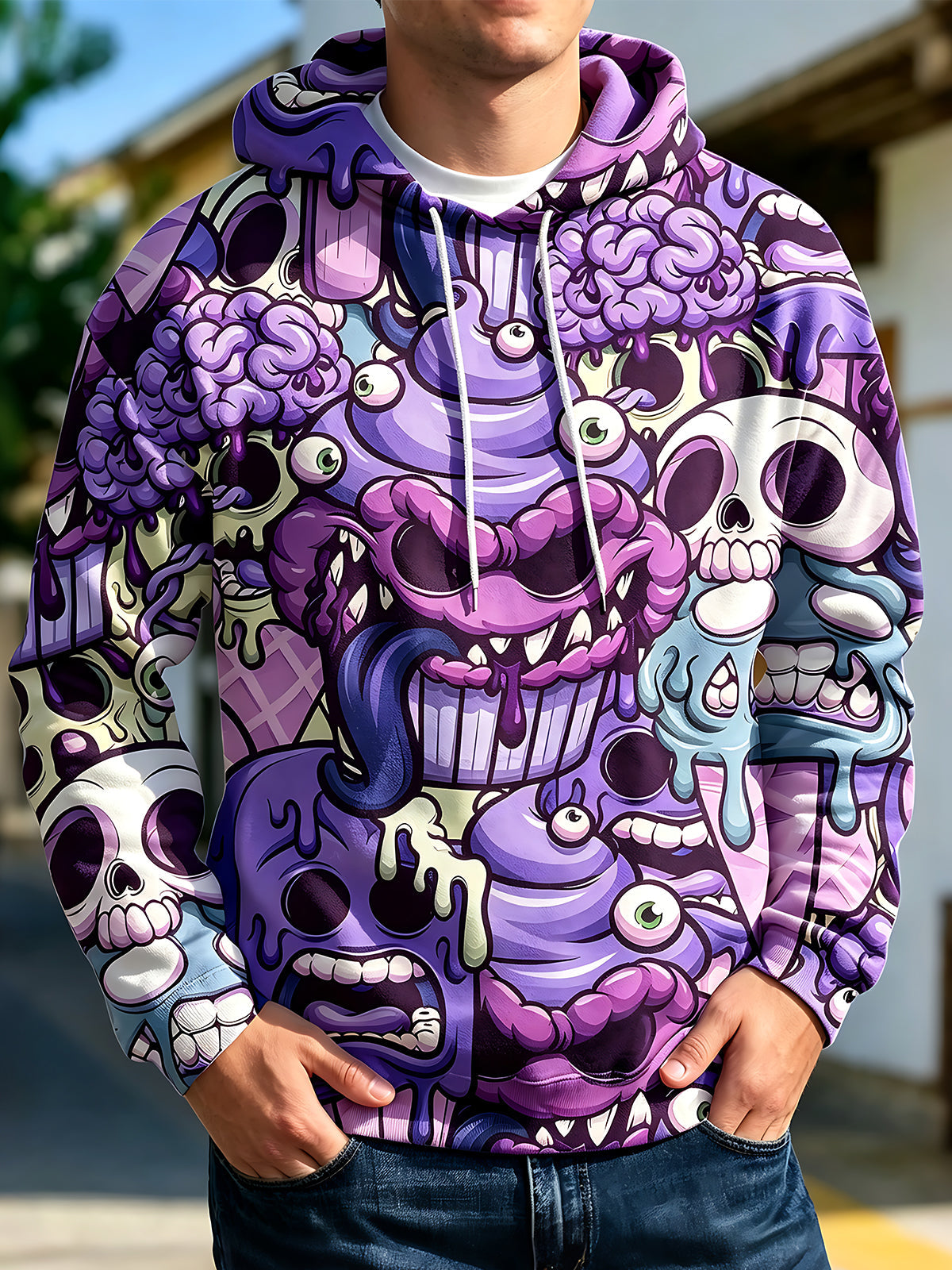 Adaychic Men's Graphic Cartoon Skulls And Monsters Print Long Sleeve Hoodie with Chest Pocket