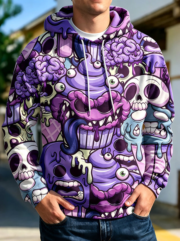 Adaychic Men's Graphic Cartoon Skulls And Monsters Print Long Sleeve Hoodie with Chest Pocket
