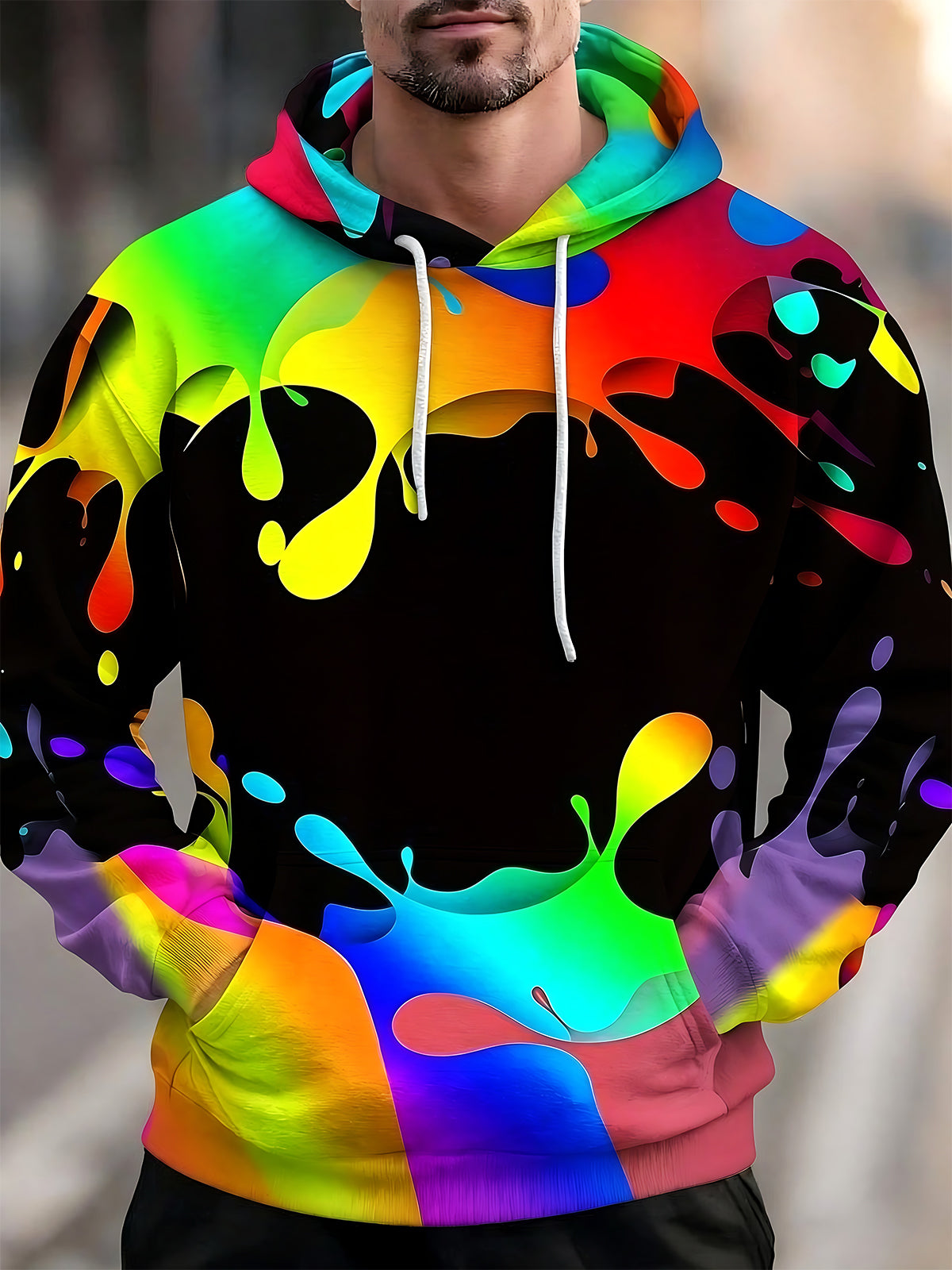 Adaychic Men's Printed Colorful Paint Splash Print Long Sleeve Hoodie with Chest Pocket