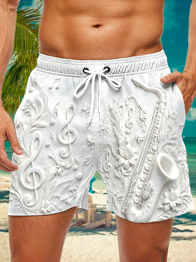 Adaychic Men's Graphic Saxophone Print Music Notes Print Shorts with Chest Pocket