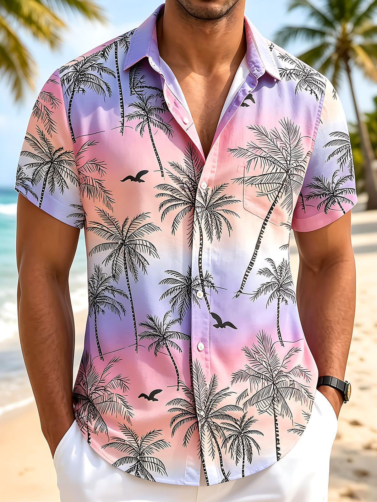 Adaychic Men's Hawaiian Palm Tree Silhouette Print Short Sleeve Shirt with Chest Pocket