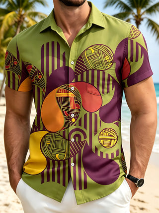 Adaychic Men's Retro Abstract Geometric Shapes Print Short Sleeve Shirt with Chest Pocket