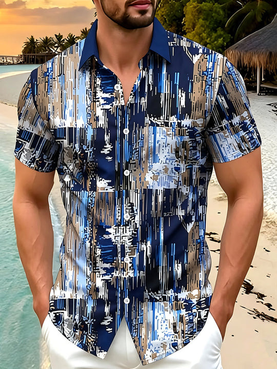 Adaychic Men's Graphic Abstract Vertical Lines Print Short Sleeve Shirt with Chest Pocket