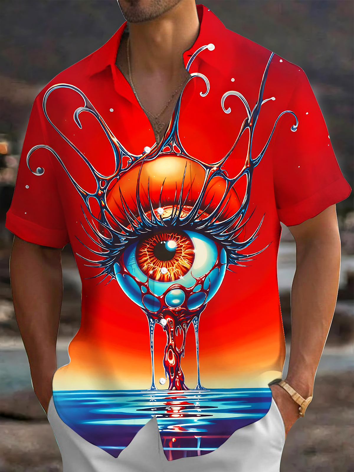 Adaychic Men's Graphic Giant Eye Print Ocean Sunset Print Short Sleeve Shirt with Chest Pocket
