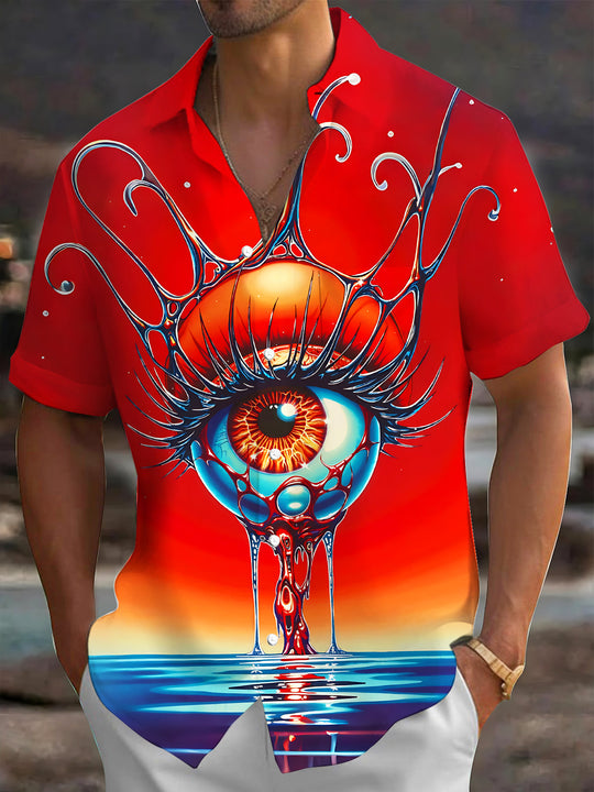 Adaychic Men's Graphic Giant Eye Print Ocean Sunset Print Short Sleeve Shirt with Chest Pocket