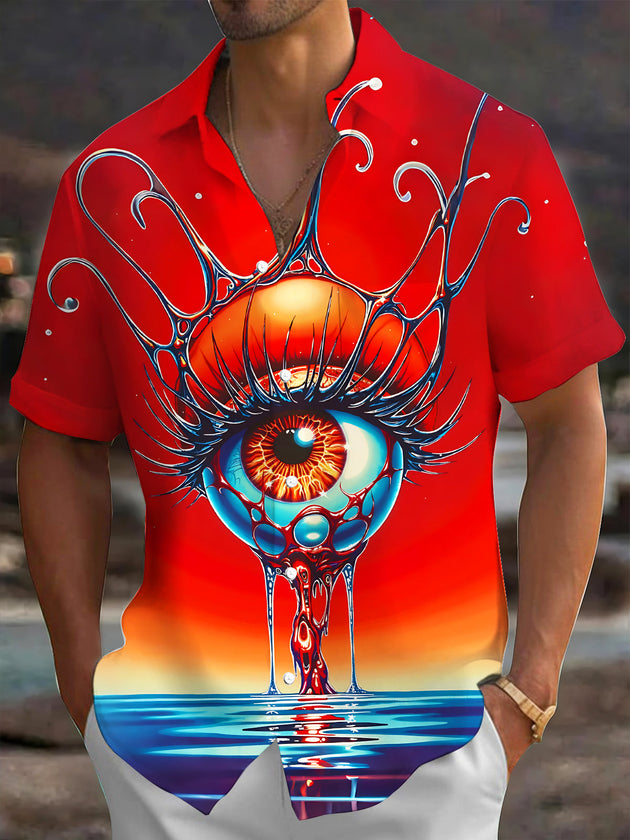 Adaychic Men's Graphic Giant Eye Print Ocean Sunset Print Short Sleeve Shirt with Chest Pocket