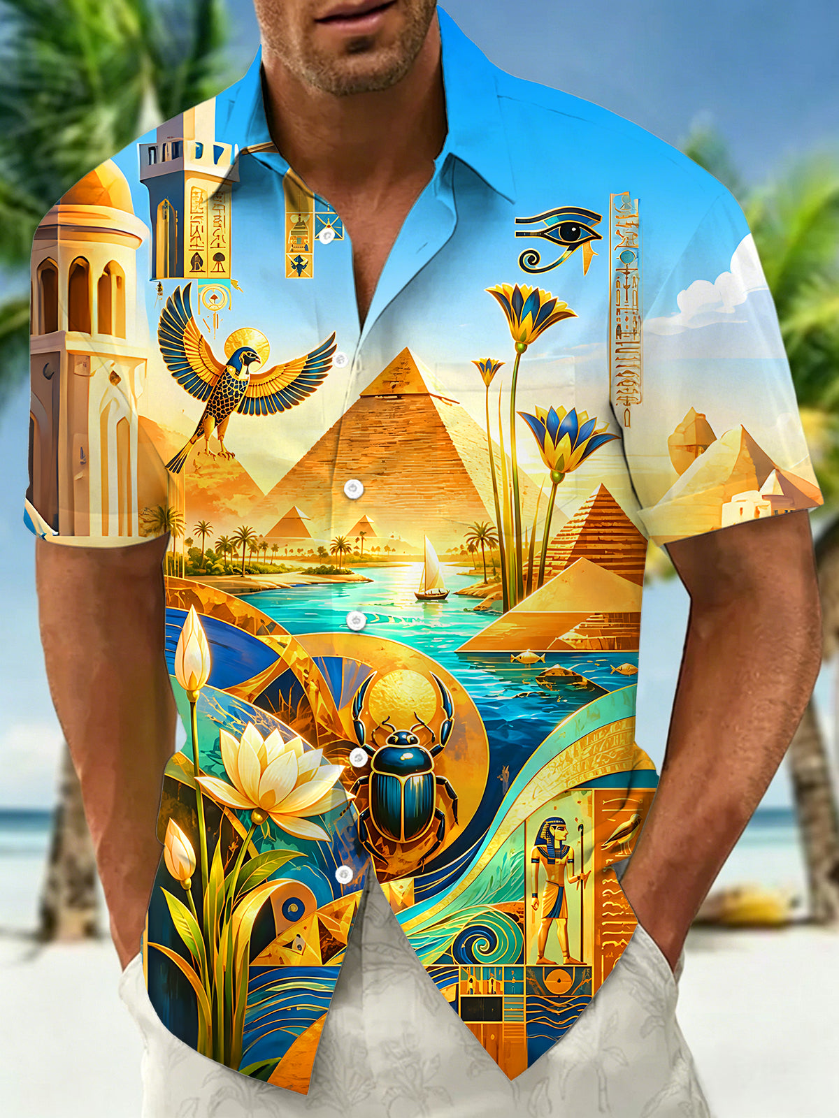 Adaychic Men's Hawaiian Ancient Egyptian Pyramids Print Short Sleeve Shirt with Chest Pocket