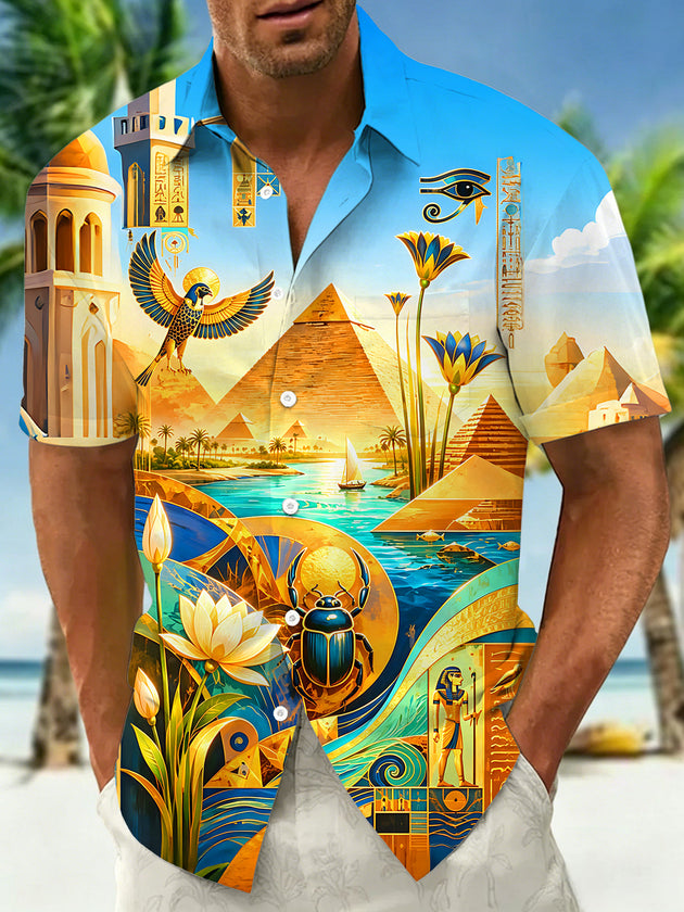 Adaychic Men's Hawaiian Ancient Egyptian Pyramids Print Short Sleeve Shirt with Chest Pocket