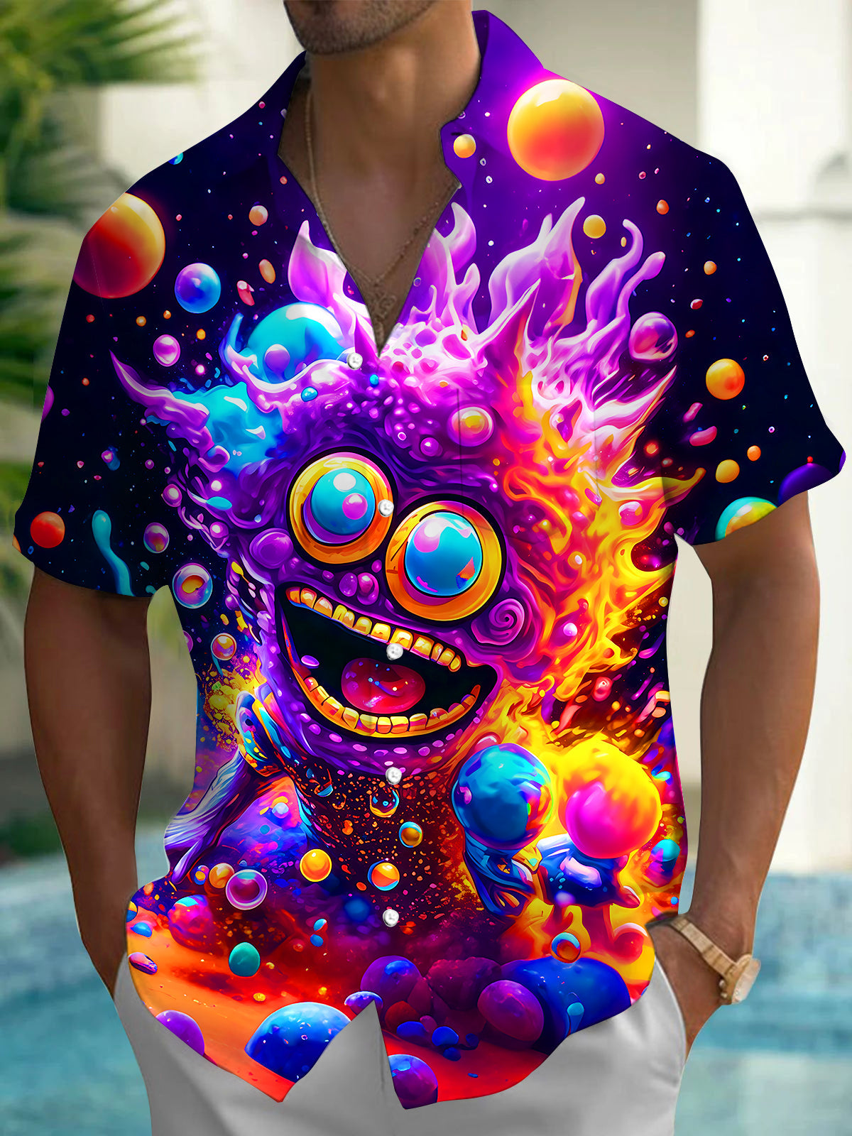 Adaychic Men's Graphic Psychedelic Alien Monster Print Short Sleeve Shirt with Chest Pocket