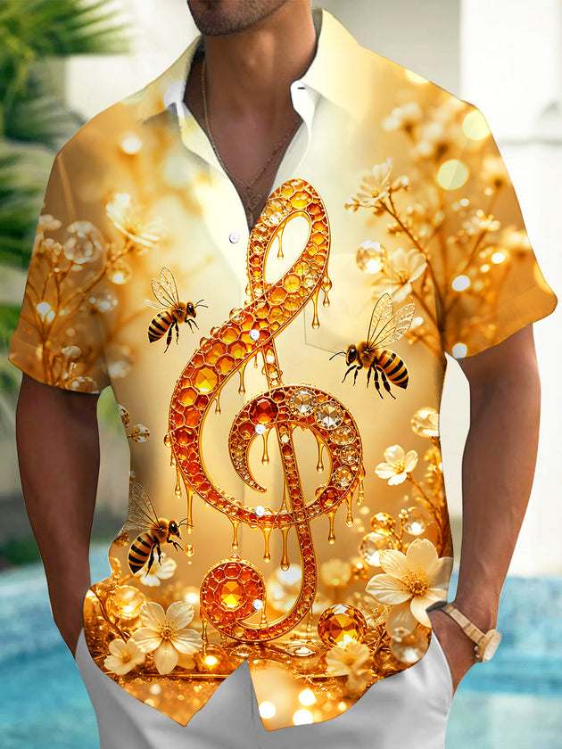 Adaychic Men's Hawaiian Golden Treble Clef Print Short Sleeve Shirt with Chest Pocket