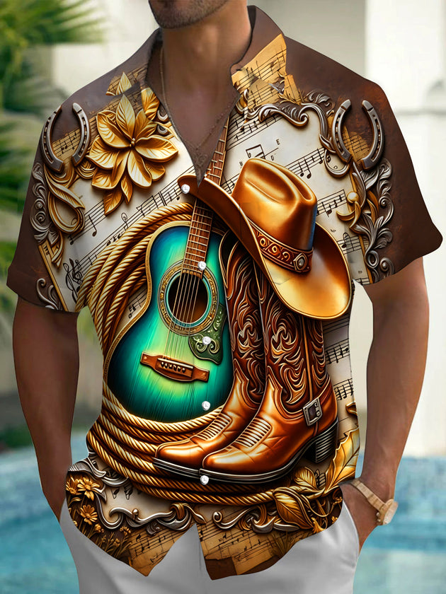 Adaychic Men's Vintage Style Western Guitar Print Short Sleeve Shirt with Chest Pocket