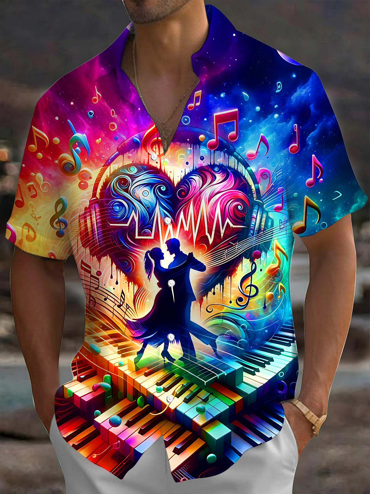 Adaychic Men's Graphic Music Notes Print Short Sleeve Shirt with Chest Pocket