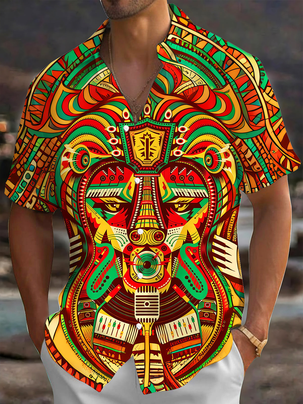 Adaychic Men's Graphic Tribal Totem Face Print Short Sleeve Shirt with Chest Pocket