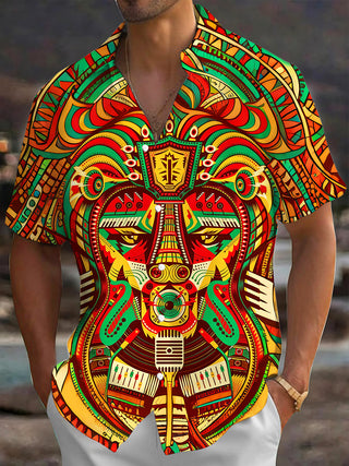 Adaychic Men's Graphic Tribal Totem Face Print Short Sleeve Shirt with Chest Pocket