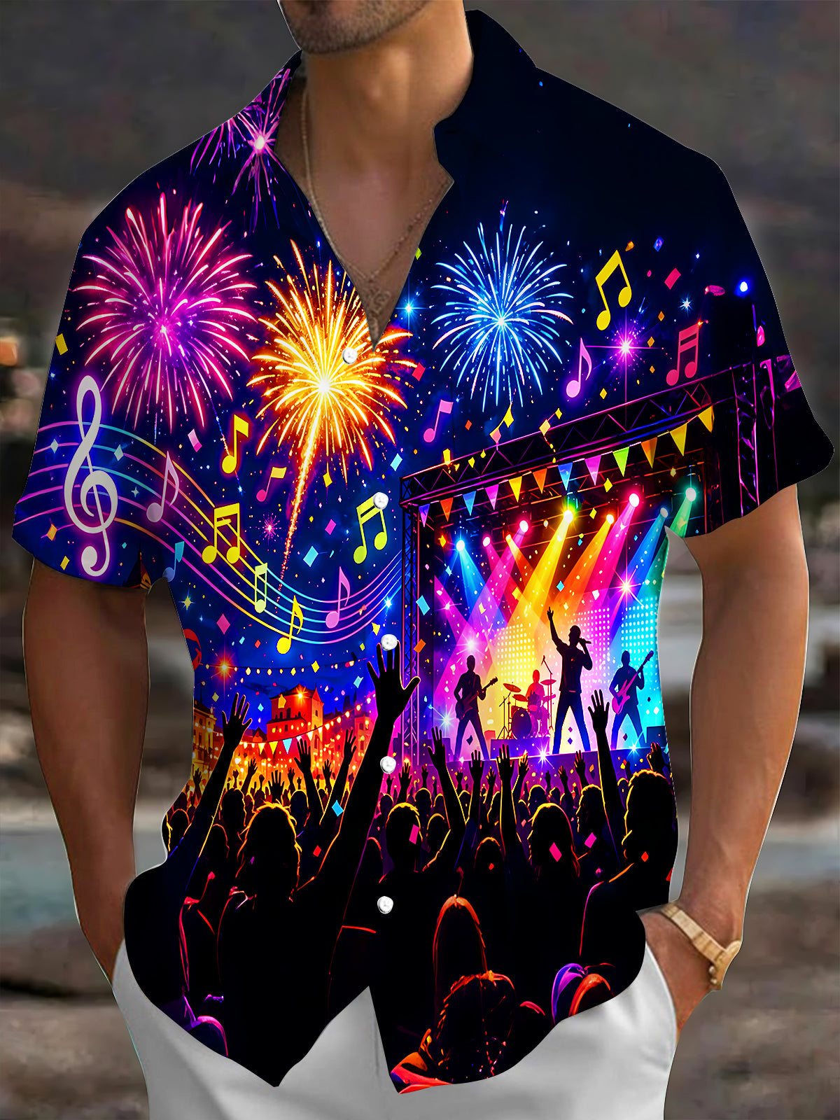 Adaychic Men's Graphic Concert Stage Silhouette Print Short Sleeve Shirt with Chest Pocket