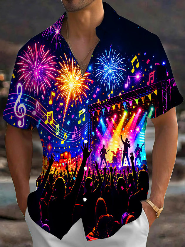 Adaychic Men's Graphic Concert Stage Silhouette Print Short Sleeve Shirt with Chest Pocket