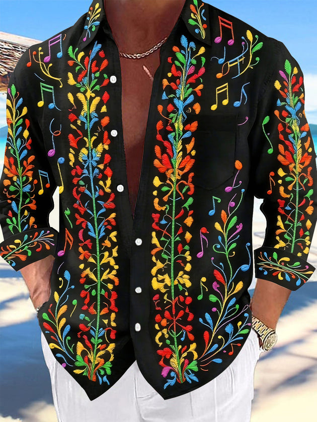 Adaychic Men's Graphic Colorful Musical Notes Print Long Sleeve Shirt with Chest Pocket