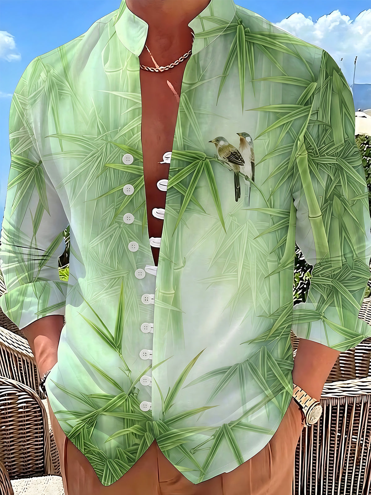 Adaychic Men's Printed Bamboo Leaves Print Long Sleeve Shirt