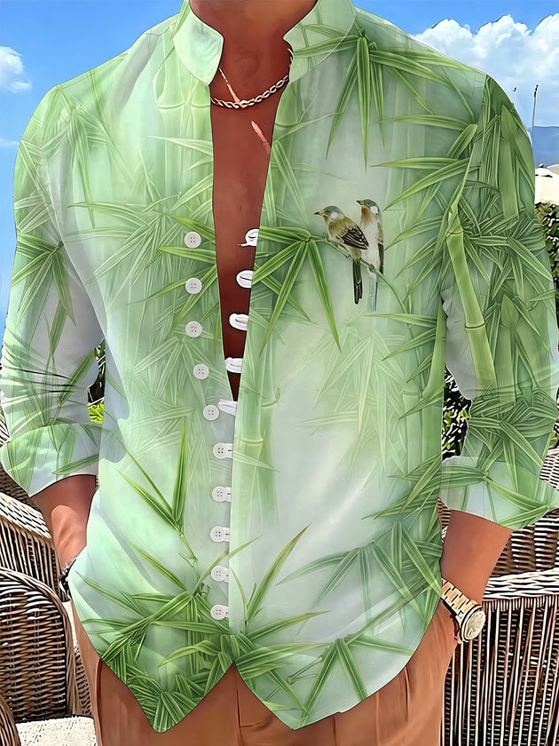 Adaychic Men's Printed Bamboo Leaves Print Long Sleeve Shirt