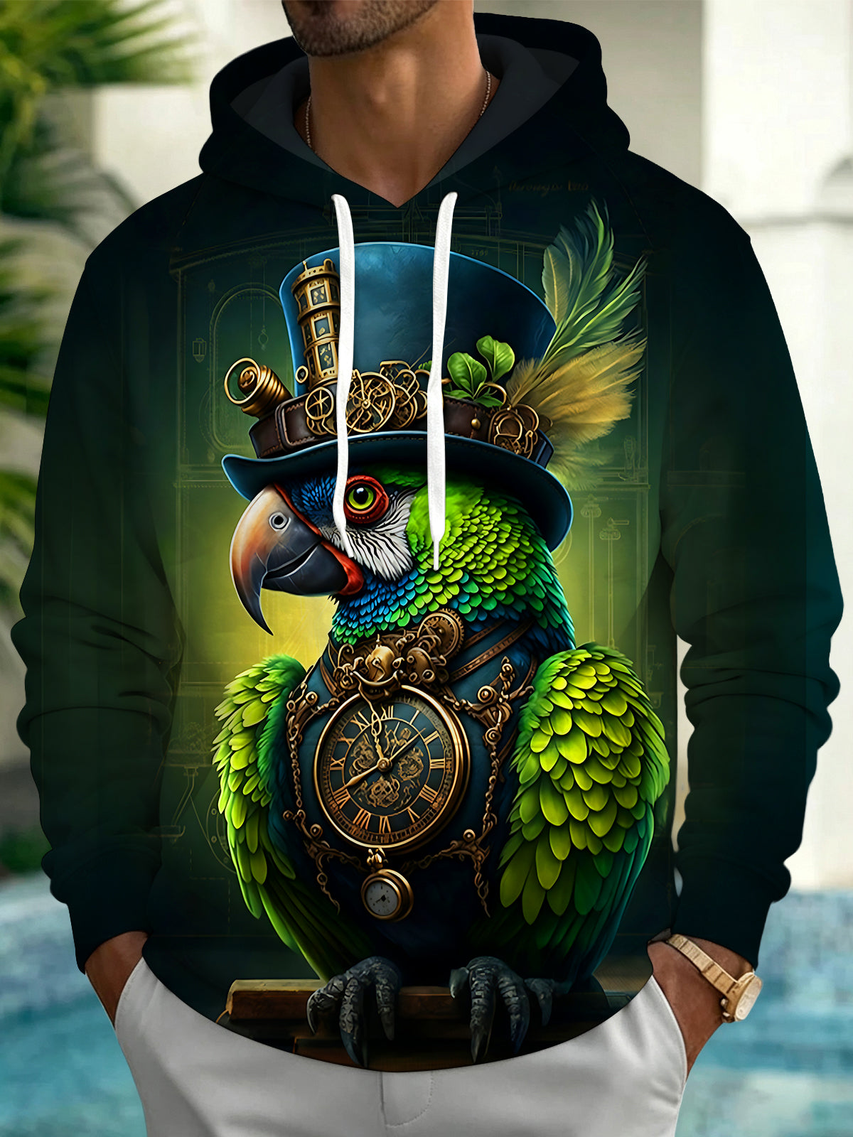 Adaychic Men's Vintage Style Steampunk Parrot Print Long Sleeve Hoodie with Chest Pocket