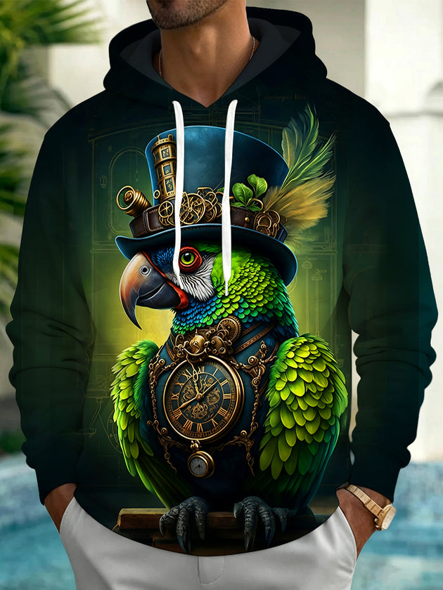 Adaychic Men's Vintage Style Steampunk Parrot Print Long Sleeve Hoodie with Chest Pocket