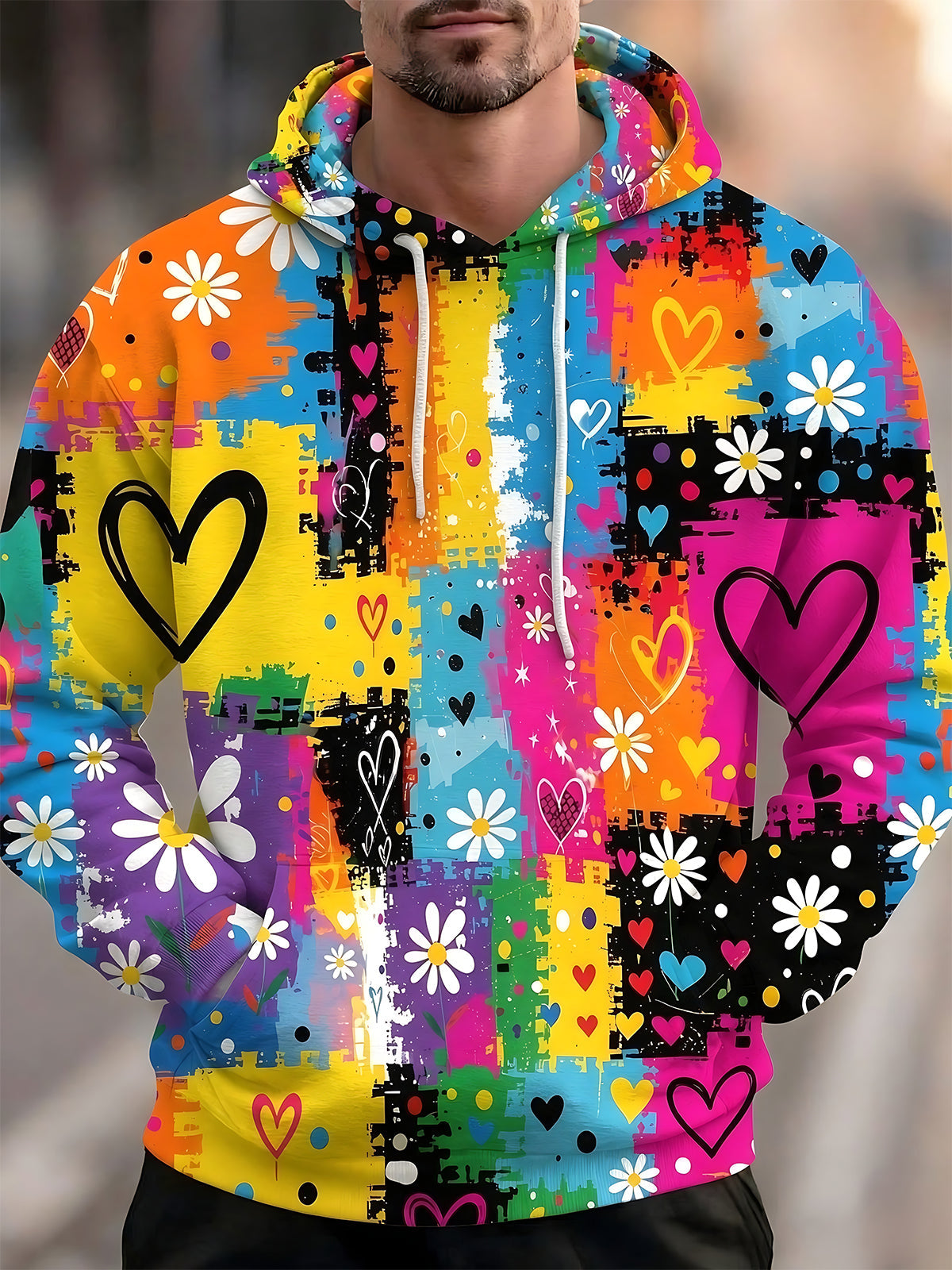 Adaychic Men's Graphic Colorful Daisies And Hearts Print Long Sleeve Hoodie with Chest Pocket