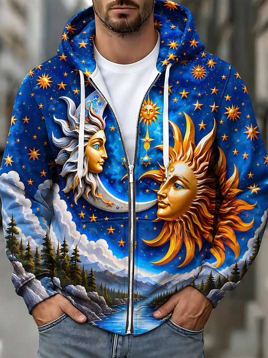 Adaychic Men's Graphic Sun And Moon Faces Print Long Sleeve Sweatshirt with Chest Pocket