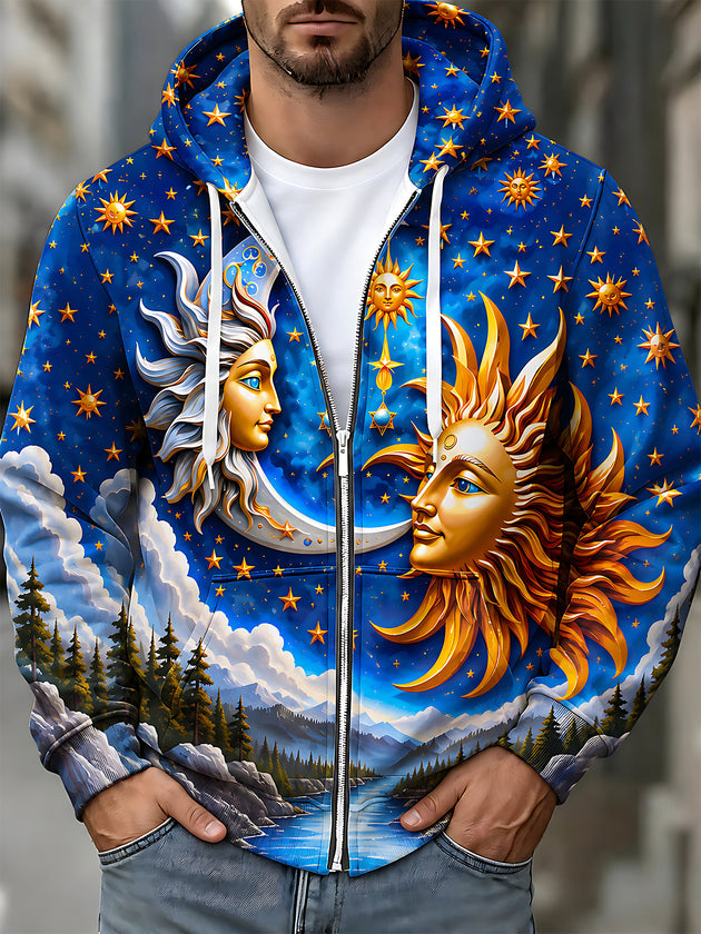 Adaychic Men's Graphic Sun And Moon Faces Print Long Sleeve Sweatshirt with Chest Pocket
