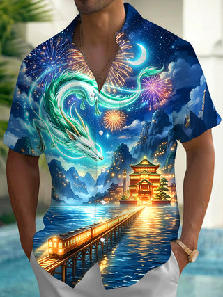 Adaychic Men's Graphic Dragon Night Scene Print Short Sleeve Shirt with Chest Pocket