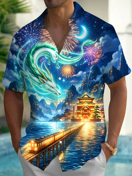 Adaychic Men's Graphic Dragon Night Scene Print Short Sleeve Shirt with Chest Pocket