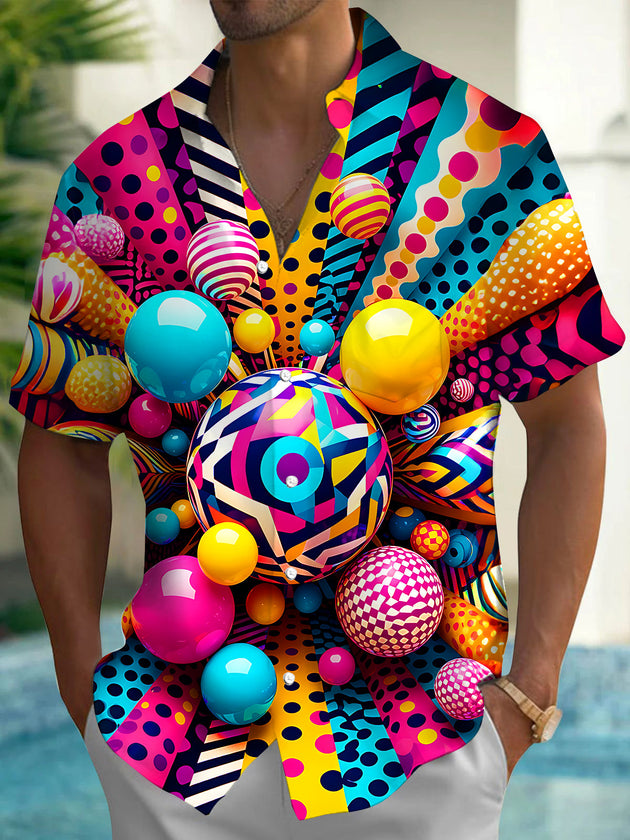 Adaychic Men's 3D Colorful 3D Geometric Spheres Print Short Sleeve Shirt with Chest Pocket