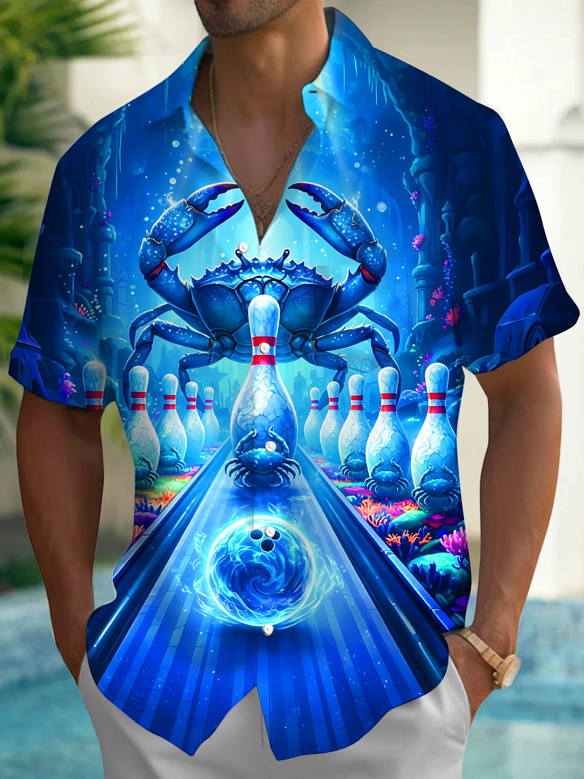 Adaychic Men's Graphic Deep Sea Crab Bowling Print Short Sleeve Shirt with Chest Pocket