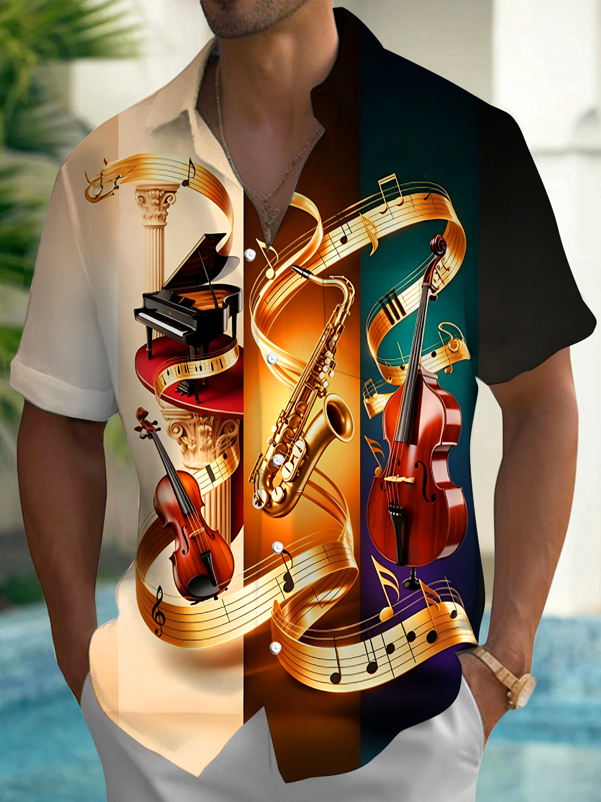 Adaychic Men's Graphic Musical Instruments Print Short Sleeve Shirt with Chest Pocket