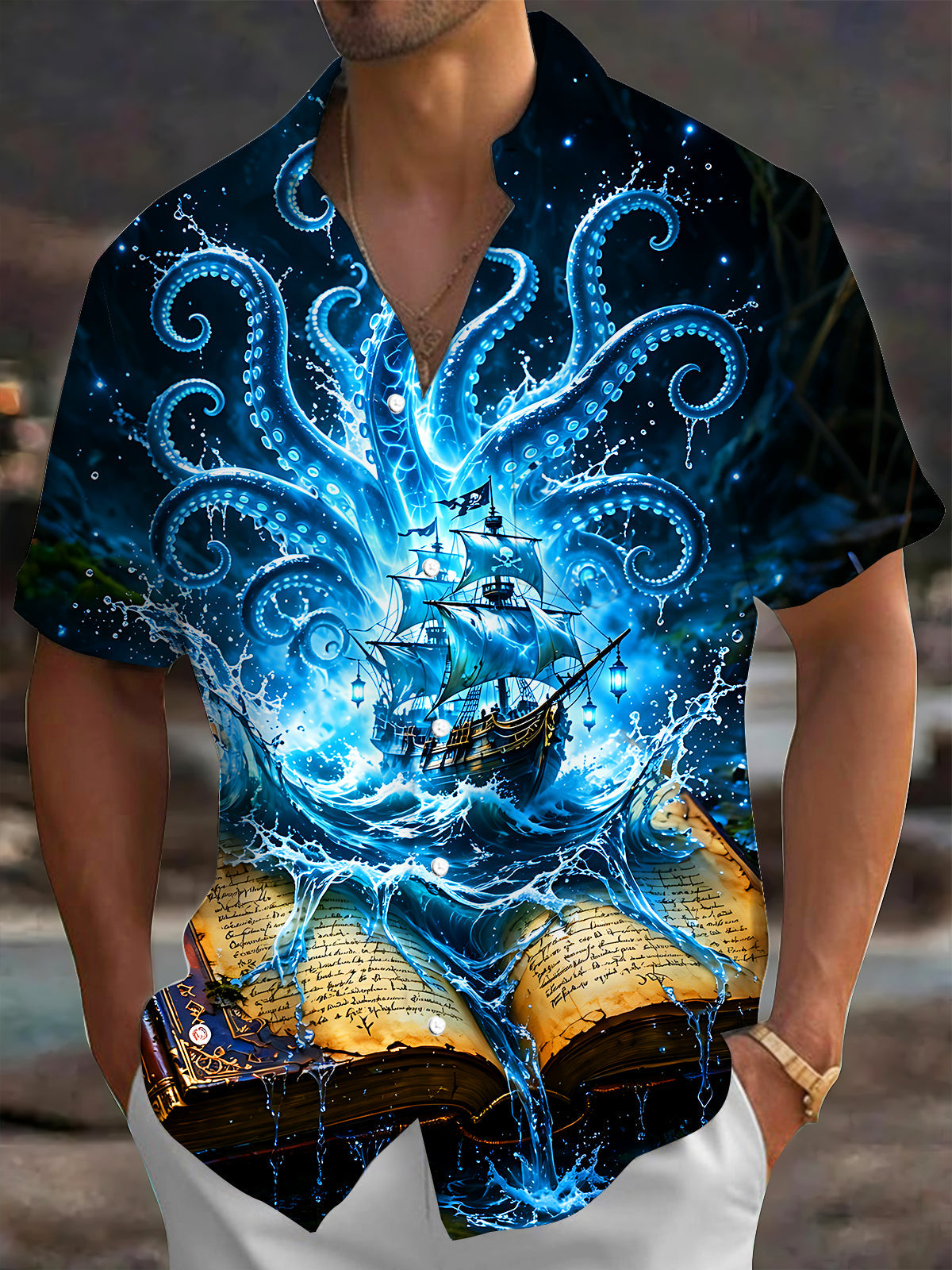 Adaychic Men's Graphic Octopus Tentacles Print Short Sleeve Shirt with Chest Pocket