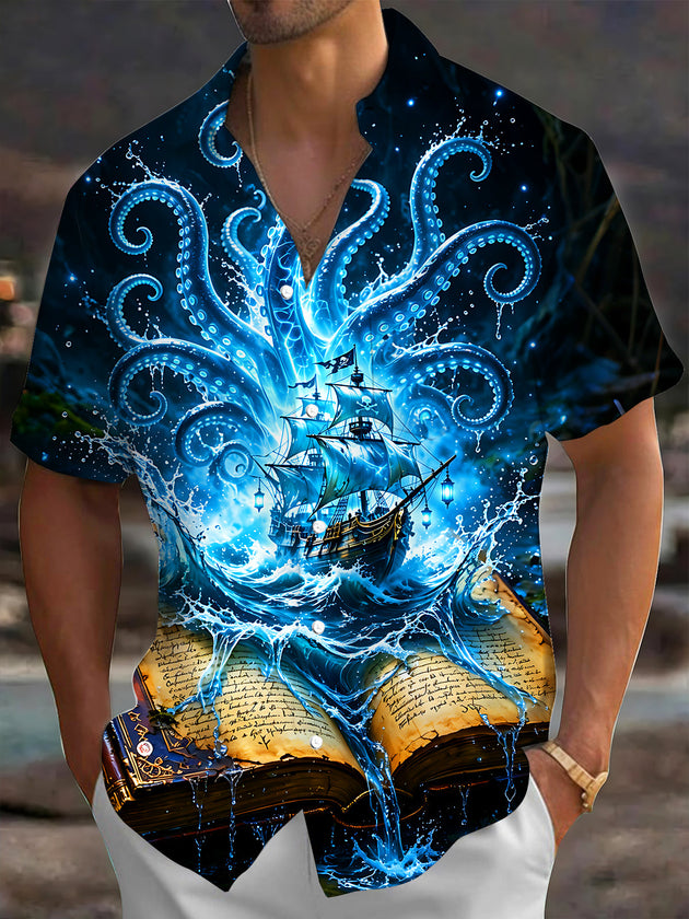 Adaychic Men's Graphic Octopus Tentacles Print Short Sleeve Shirt with Chest Pocket