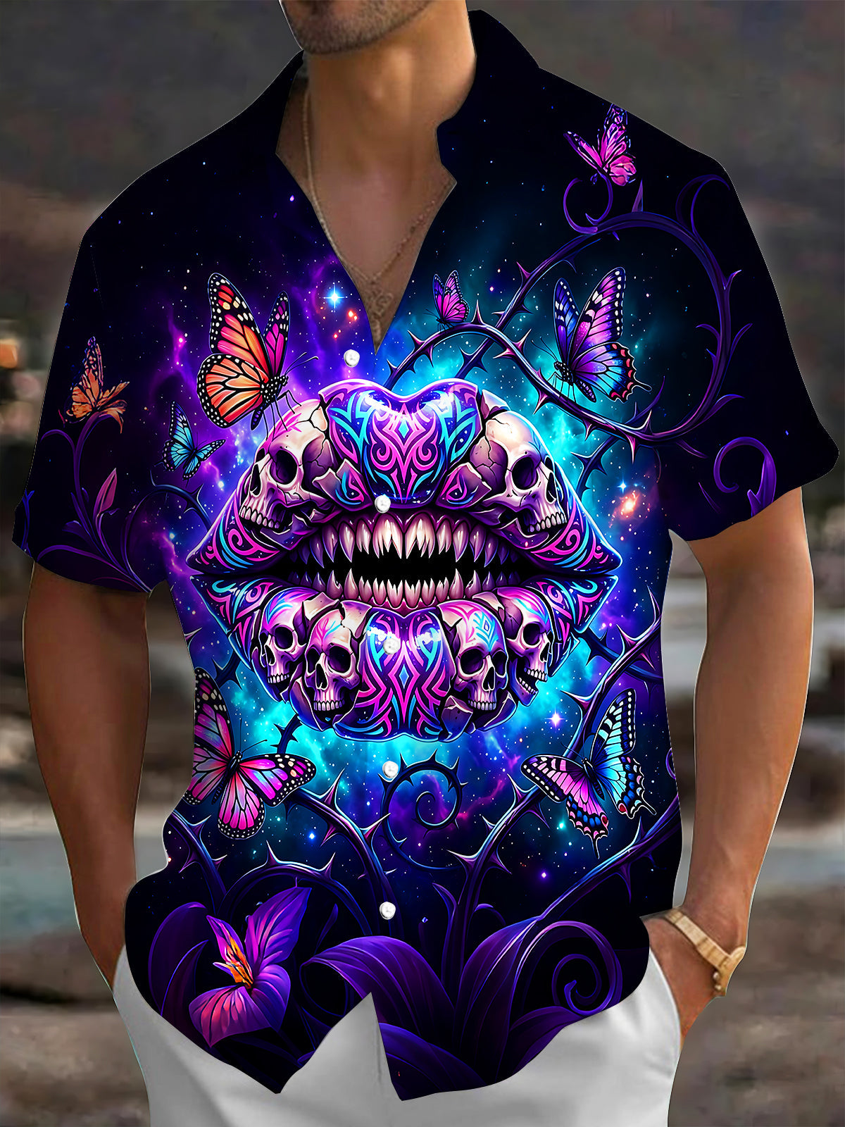 Adaychic Men's Graphic Skull Lips Print Butterflies Print Short Sleeve Shirt with Chest Pocket