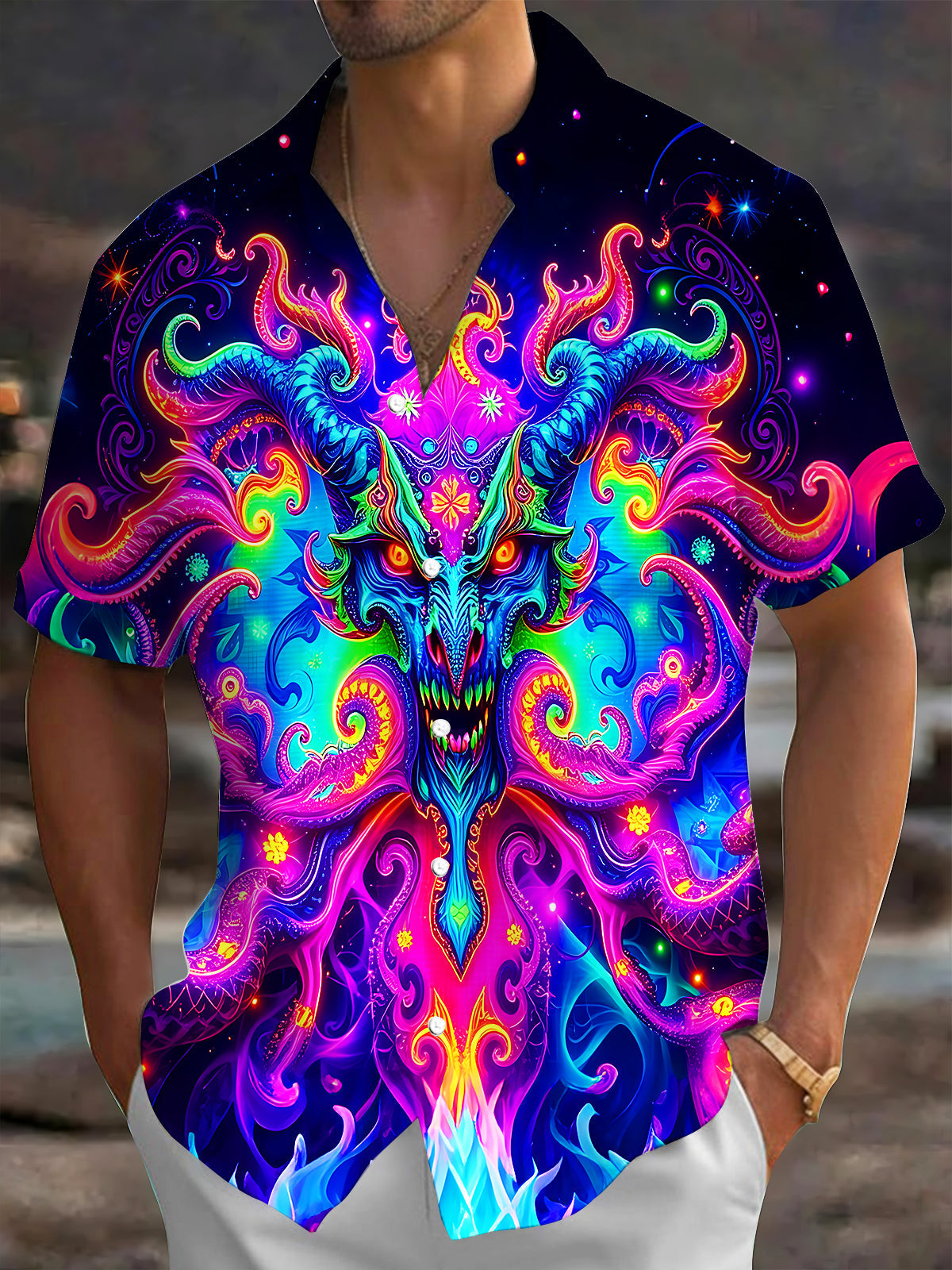 Adaychic Men's Graphic Neon Demon Face Print Short Sleeve Shirt with Chest Pocket