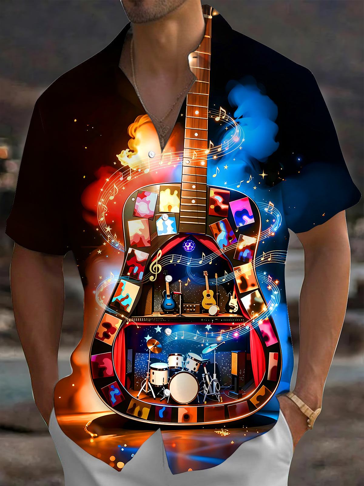 Adaychic Men's Graphic Guitar Music Stage Print Short Sleeve Shirt with Chest Pocket