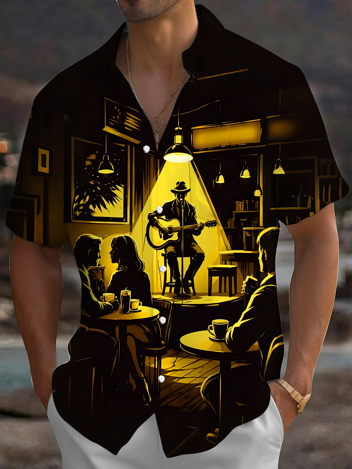 Adaychic Men's Graphic Folk Singer Silhouette Print Short Sleeve Shirt with Chest Pocket