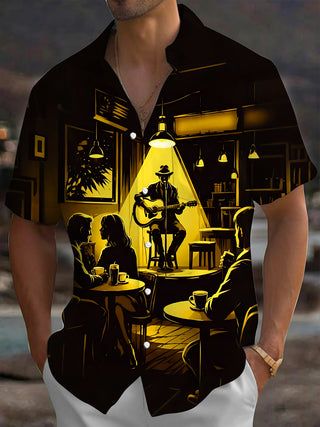 Adaychic Men's Graphic Folk Singer Silhouette Print Short Sleeve Shirt with Chest Pocket