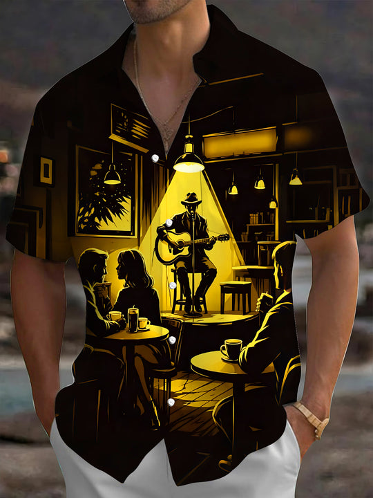 Adaychic Men's Graphic Folk Singer Silhouette Print Short Sleeve Shirt with Chest Pocket