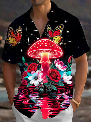 Adaychic Men's Printed Neon Mushroom Print Butterflies Print Short Sleeve Shirt with Chest Pocket