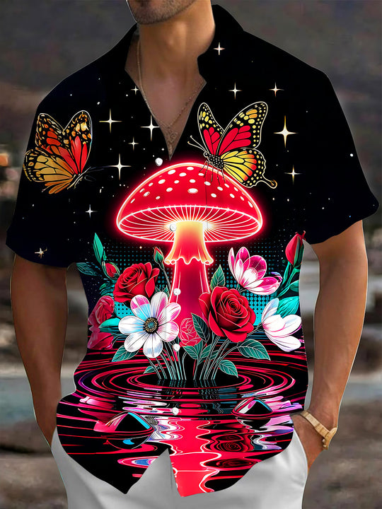 Adaychic Men's Printed Neon Mushroom Print Butterflies Print Short Sleeve Shirt with Chest Pocket