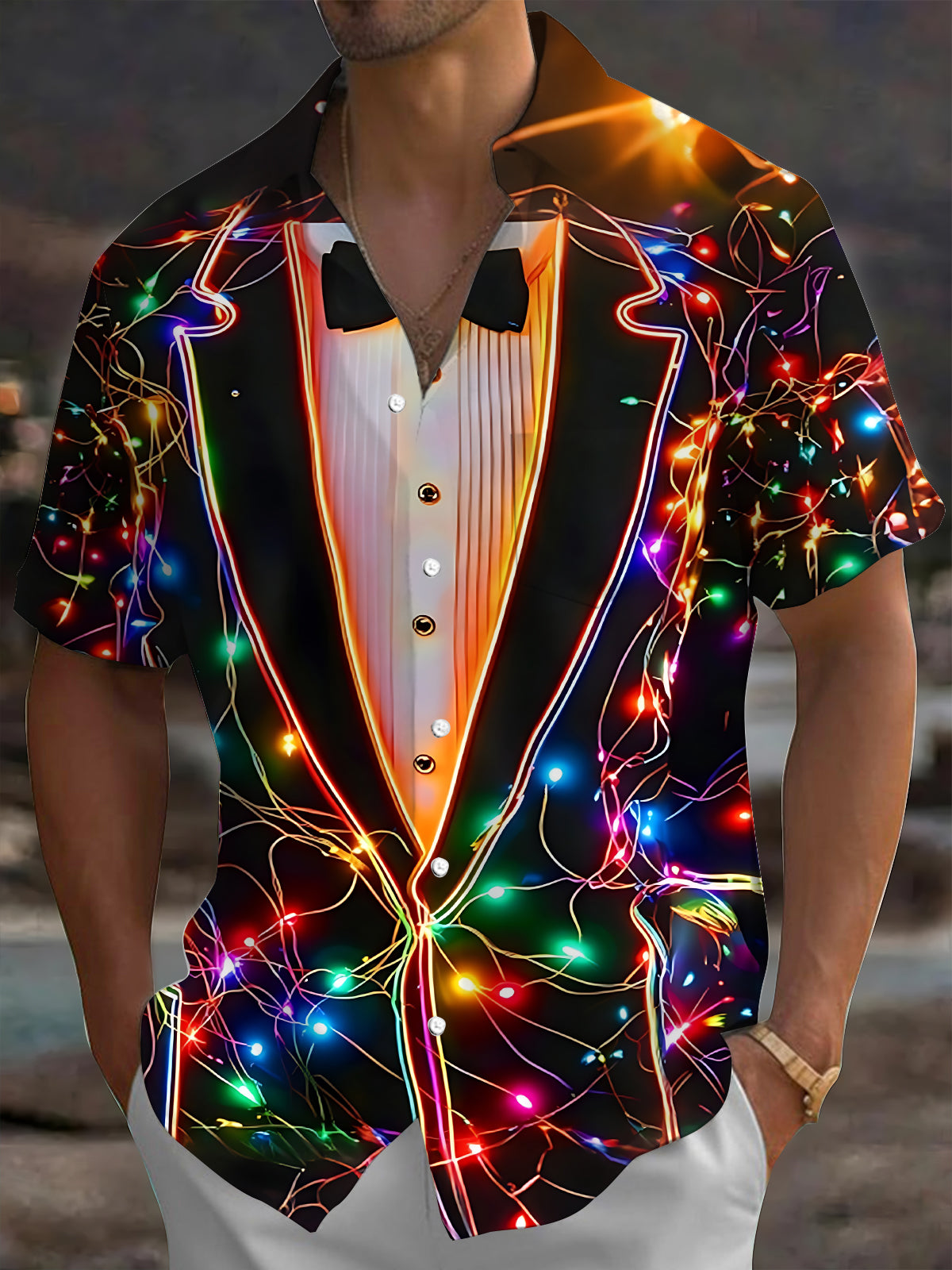 Adaychic Men's Printed Neon Tuxedo Print Short Sleeve Shirt with Chest Pocket
