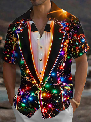 Adaychic Men's Printed Neon Tuxedo Print Short Sleeve Shirt with Chest Pocket