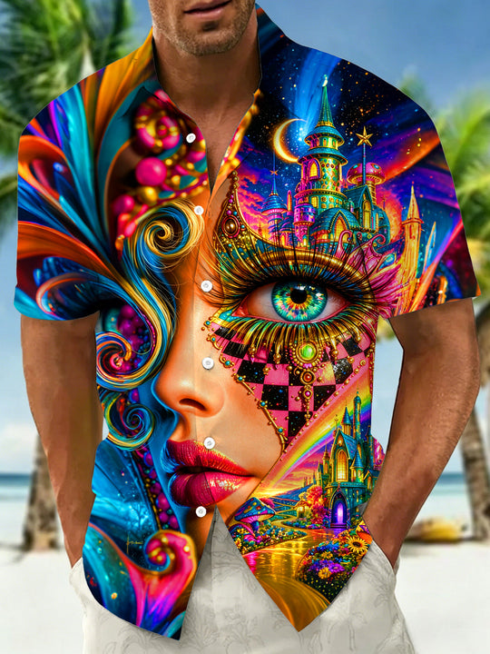 Adaychic Men's Graphic Pattern Print Short Sleeve Shirt with Chest Pocket