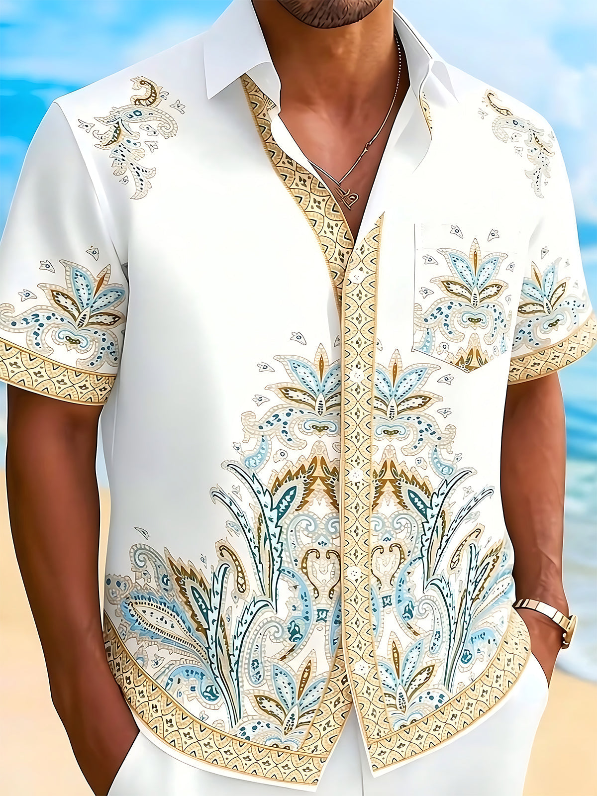 Adaychic Men's Vintage Style Paisley Floral Print Short Sleeve Shirt with Chest Pocket