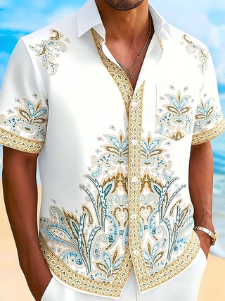 Adaychic Men's Vintage Style Paisley Floral Print Short Sleeve Shirt with Chest Pocket