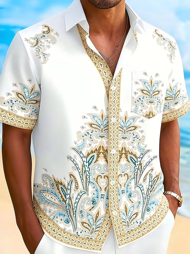 Adaychic Men's Vintage Style Paisley Floral Print Short Sleeve Shirt with Chest Pocket
