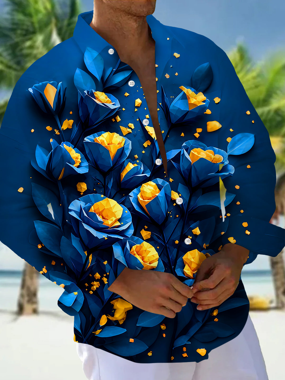 Adaychic Men's 3D 3D Origami Roses Print Long Sleeve Shirt with Chest Pocket
